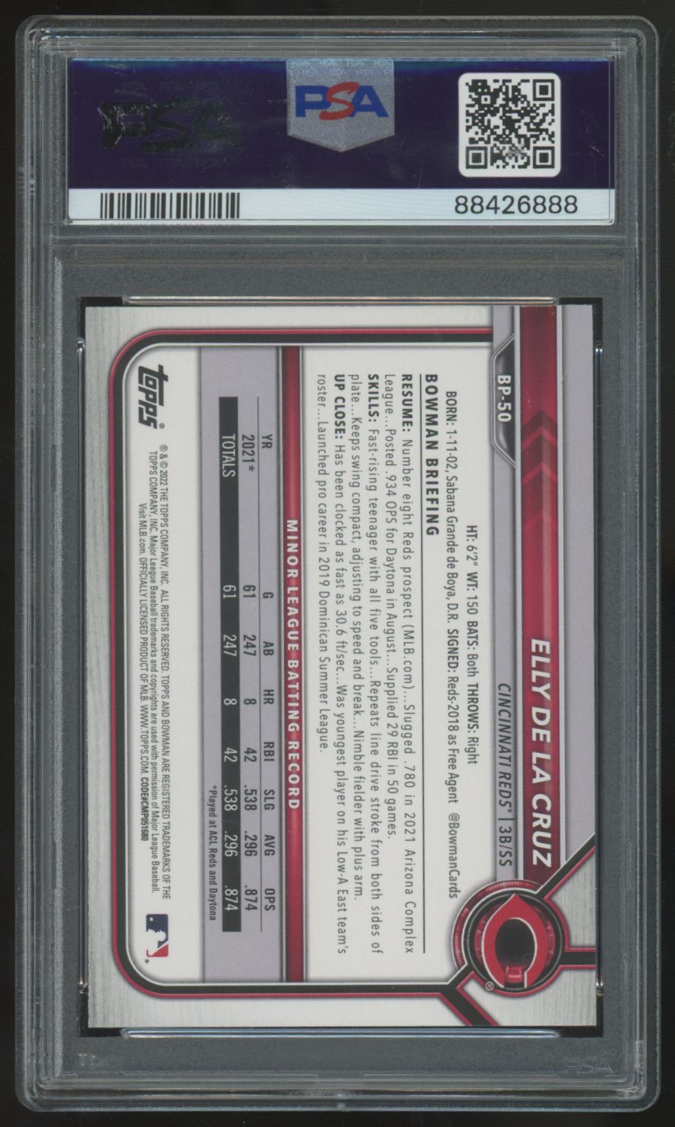 2022 Bowman Elly De La Cruz 1st Paper Prospects #BP-50 PSA 10