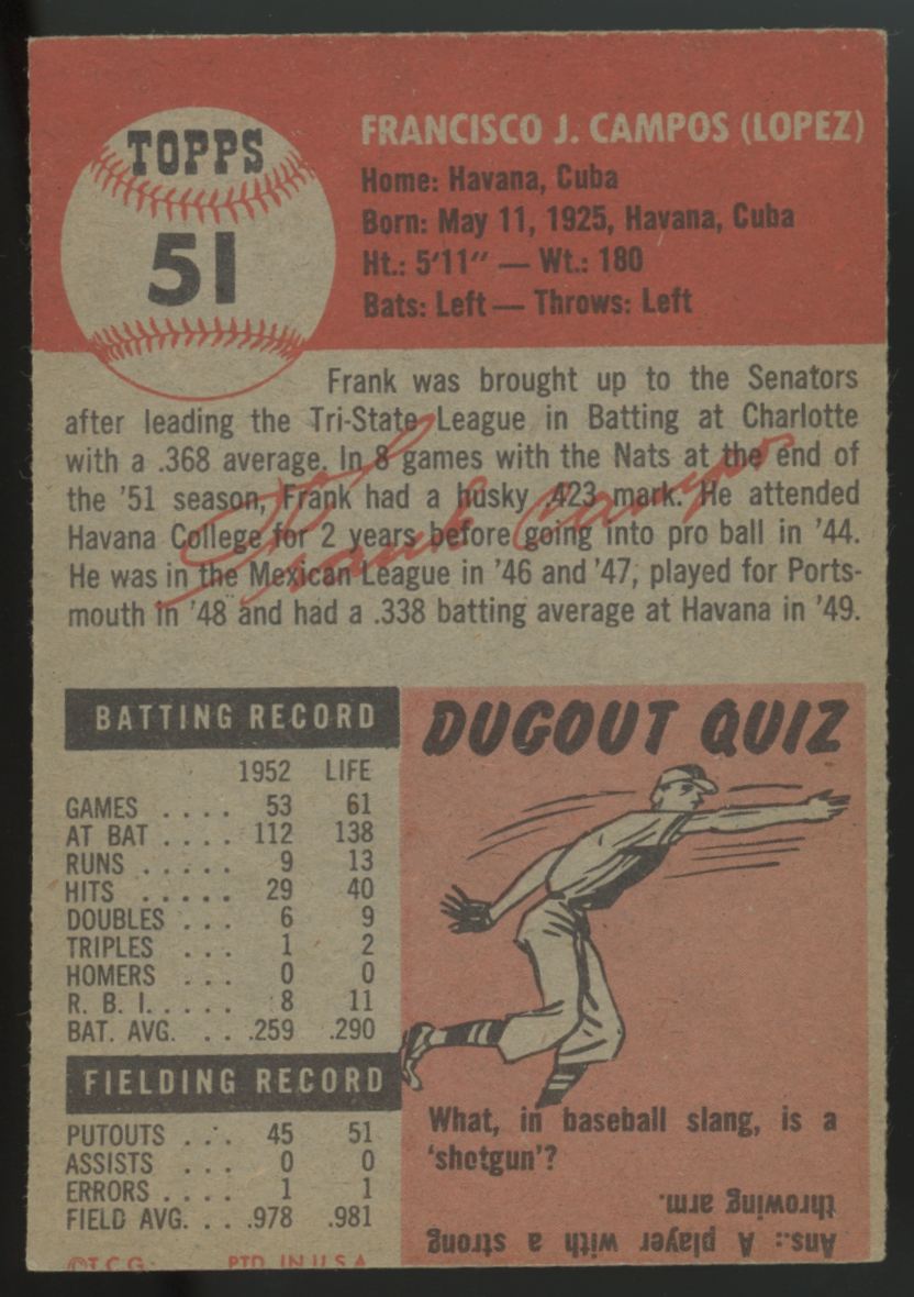 1953 Topps Frank Campos #51 EX/MT