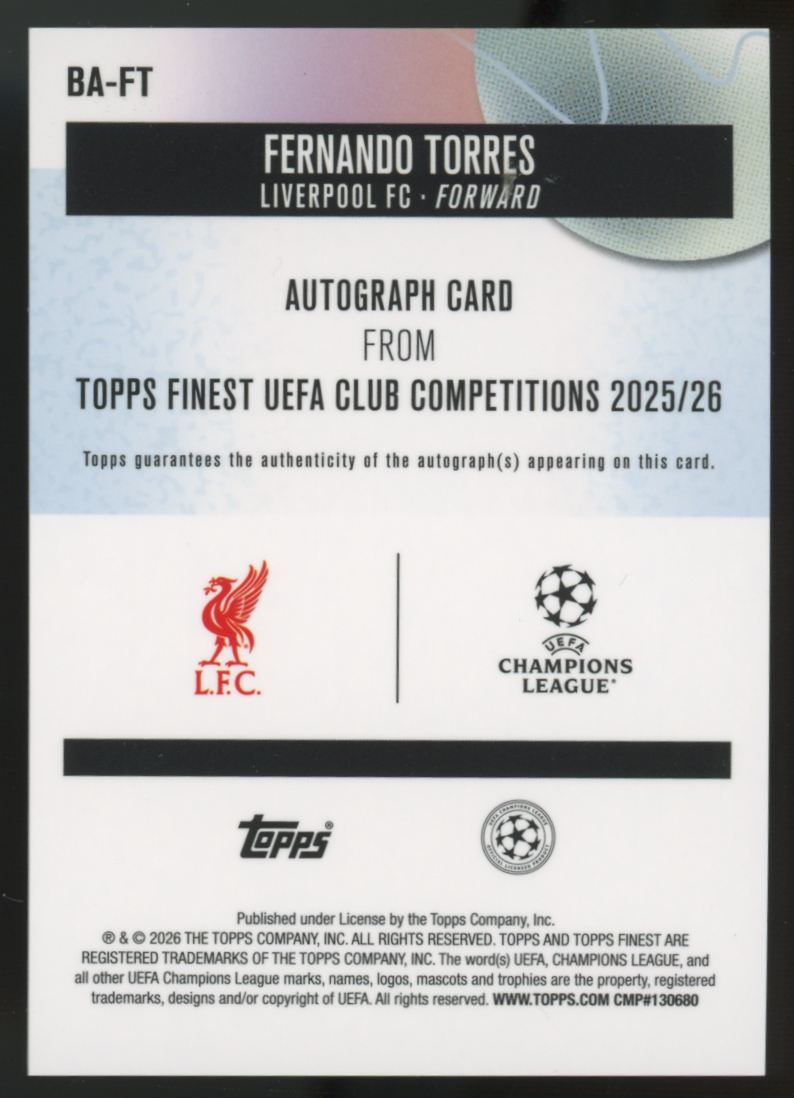 2025-26 Topps Finest UEFA Club Fernando Torres Purple Refractor Auto /75 #BA-FT