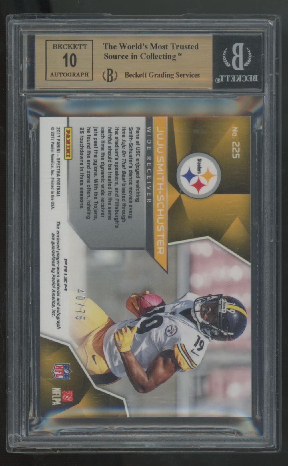 2017 Spectra JuJu Smith-Schuster RC Neon Blue Patch Auto RPA /75 #225 BGS 9.5 10