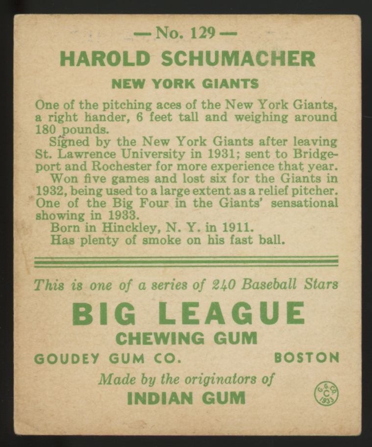 1933 Goudey Harold Schumacher #129 VG
