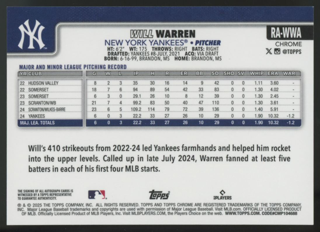 2025 Topps Chrome Will Warren RC Purple Speckle Auto /299 #RA-WWA