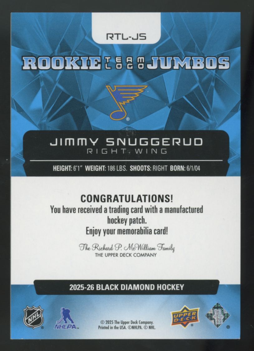 2025-26 UD Black Diamond Jimmy Snuggerud RC Team Logo Jumbo Patch #RTL-JS