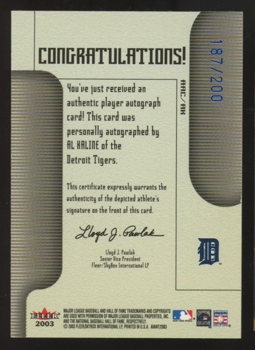 2003 Fleer Avant Al Kaline Blue Auto /200 #AAC-AK