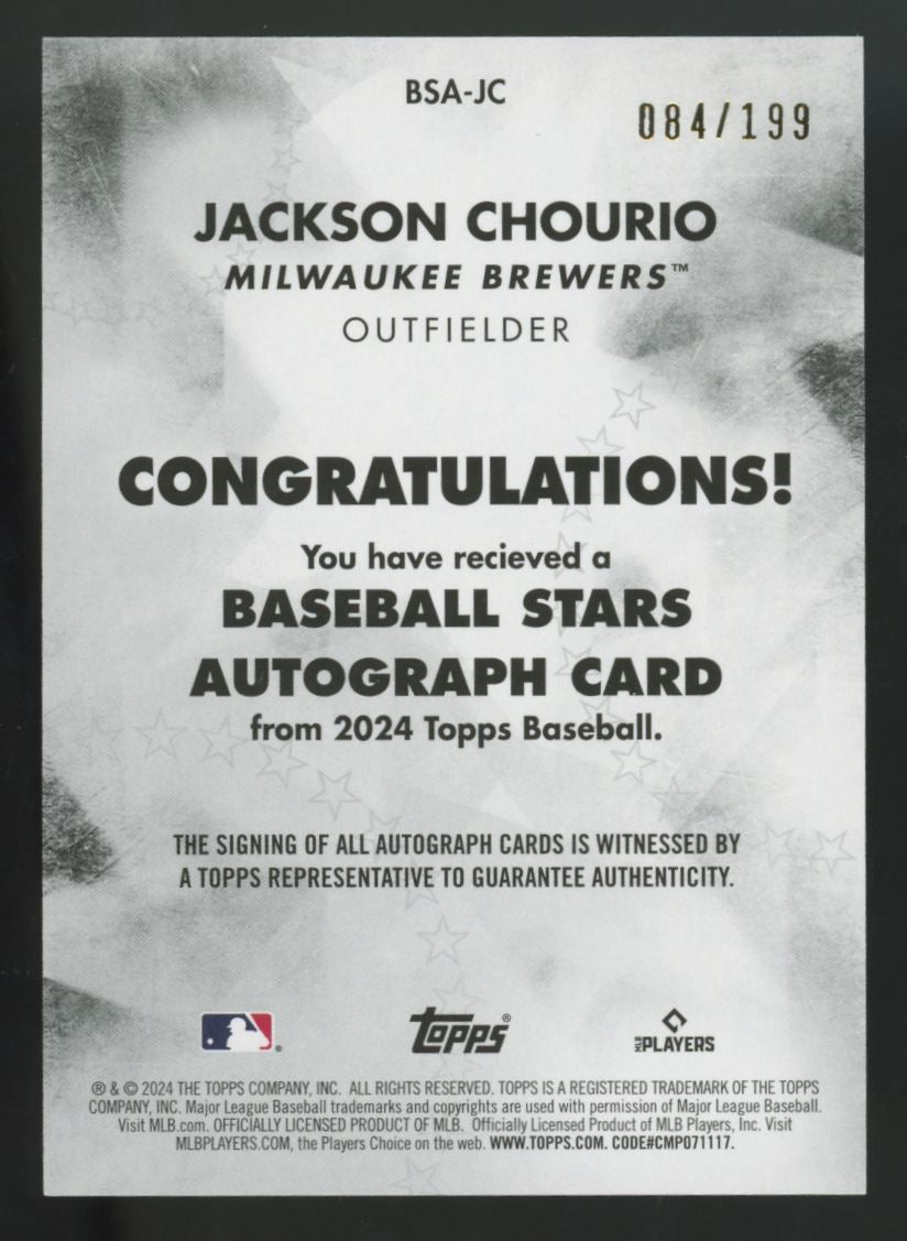 2024 Topps Update Jackson Chourio RC Black Baseball Stars Auto /199 #BSA-JC