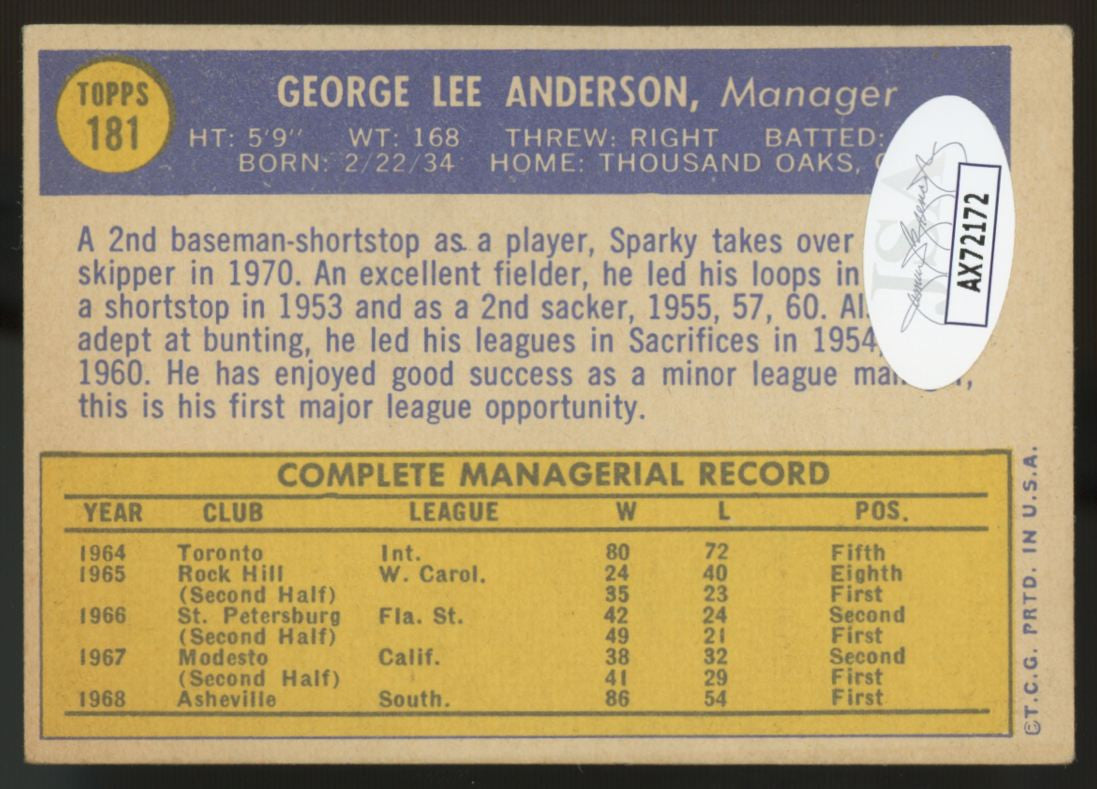 1969 Topps Sparky Anderson #181 Signed Autographed Card JSA