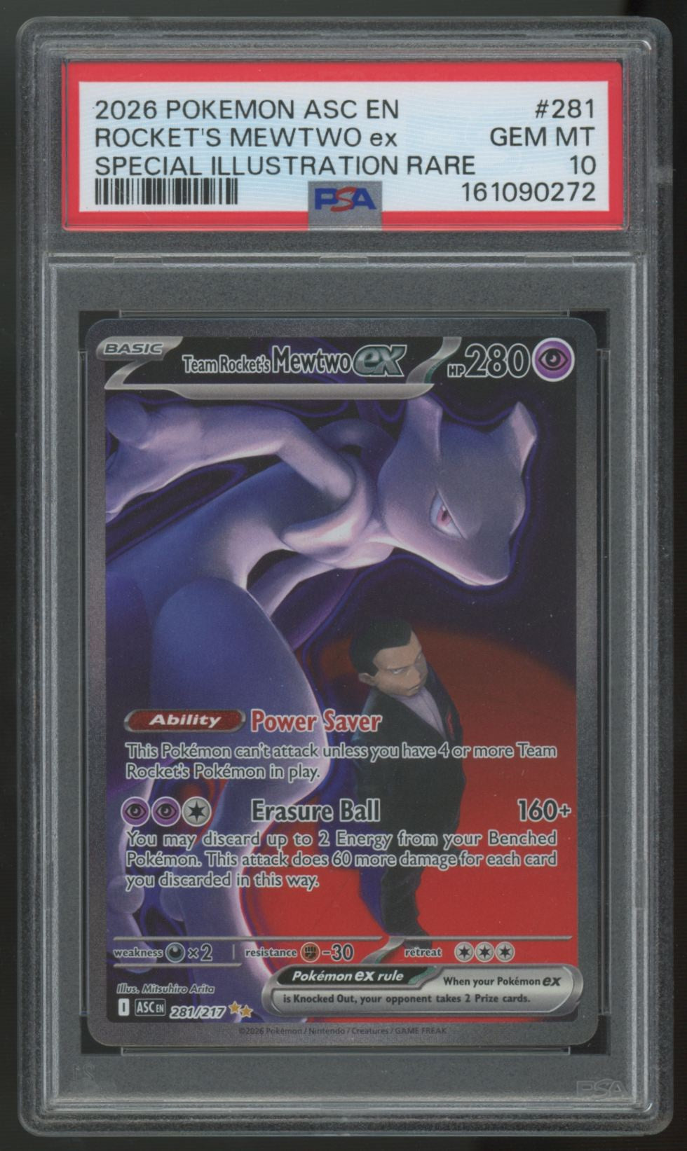 2026 Pokemon Team Rocket's Mewtwo ex Ascended Heroes SIR #281 PSA 10