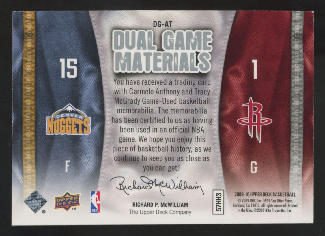 2009-10 Upper Deck Carmelo Anthony / Tracy McGrady Dual Game Patch #DG-AT