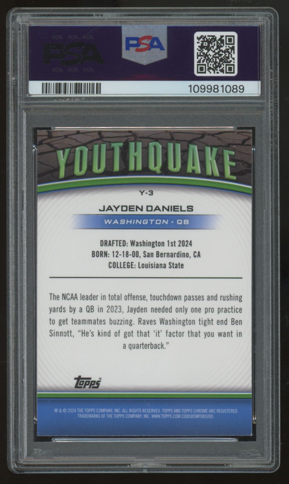 2024 Topps Chrome Jayden Daniels RC Youthquake #Y-3 PSA 9