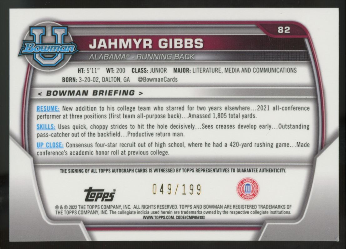 2022 Bowman Chrome University Jahmyr Gibbs Prospect Lava Refractor Auto /199 #82