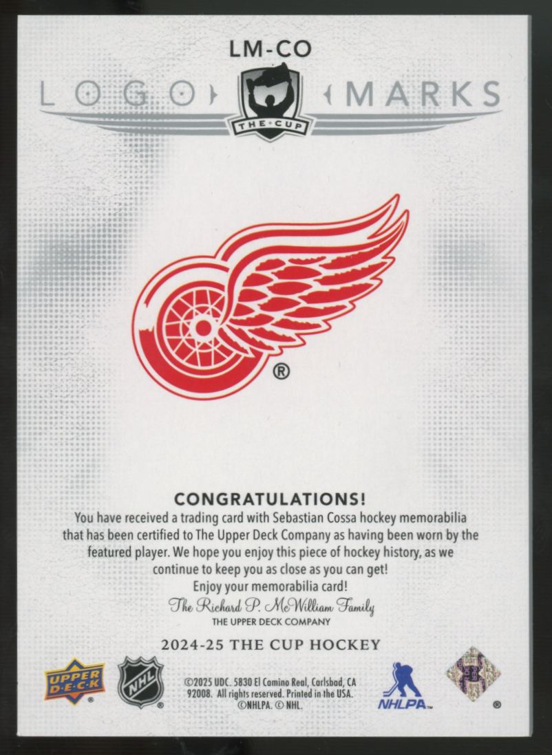 2024-25 Upper Deck The Cup Sebastian Cossa RC Logo Marks Patch /99 #LM-CO