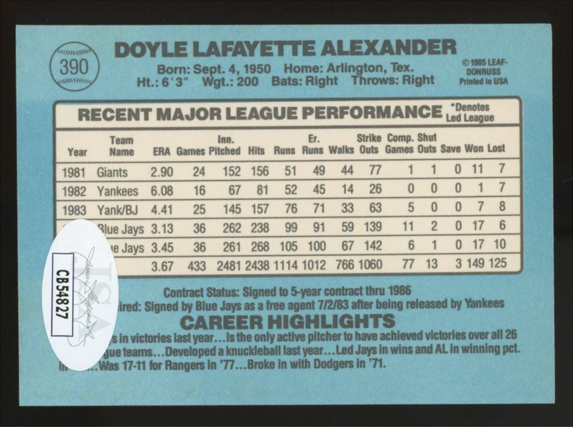1986 Donruss Doyle Alexander #390 Signed Auto JSA