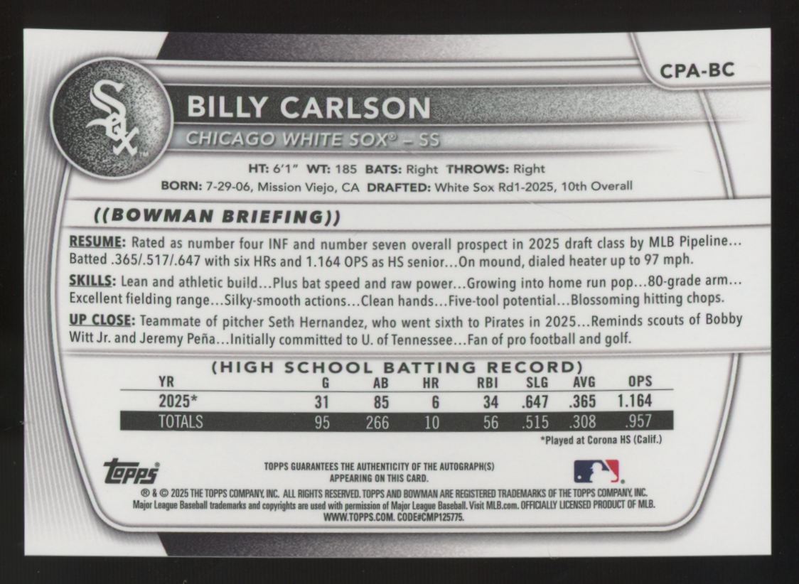 2025 Bowman Draft Billy Carson 1st Chrome Prospect Auto #CPA-BC