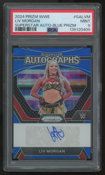 2024 Panini Prizm WWE Liv Morgan Blue Superstar Auto /49 #SA-LVM PSA 9