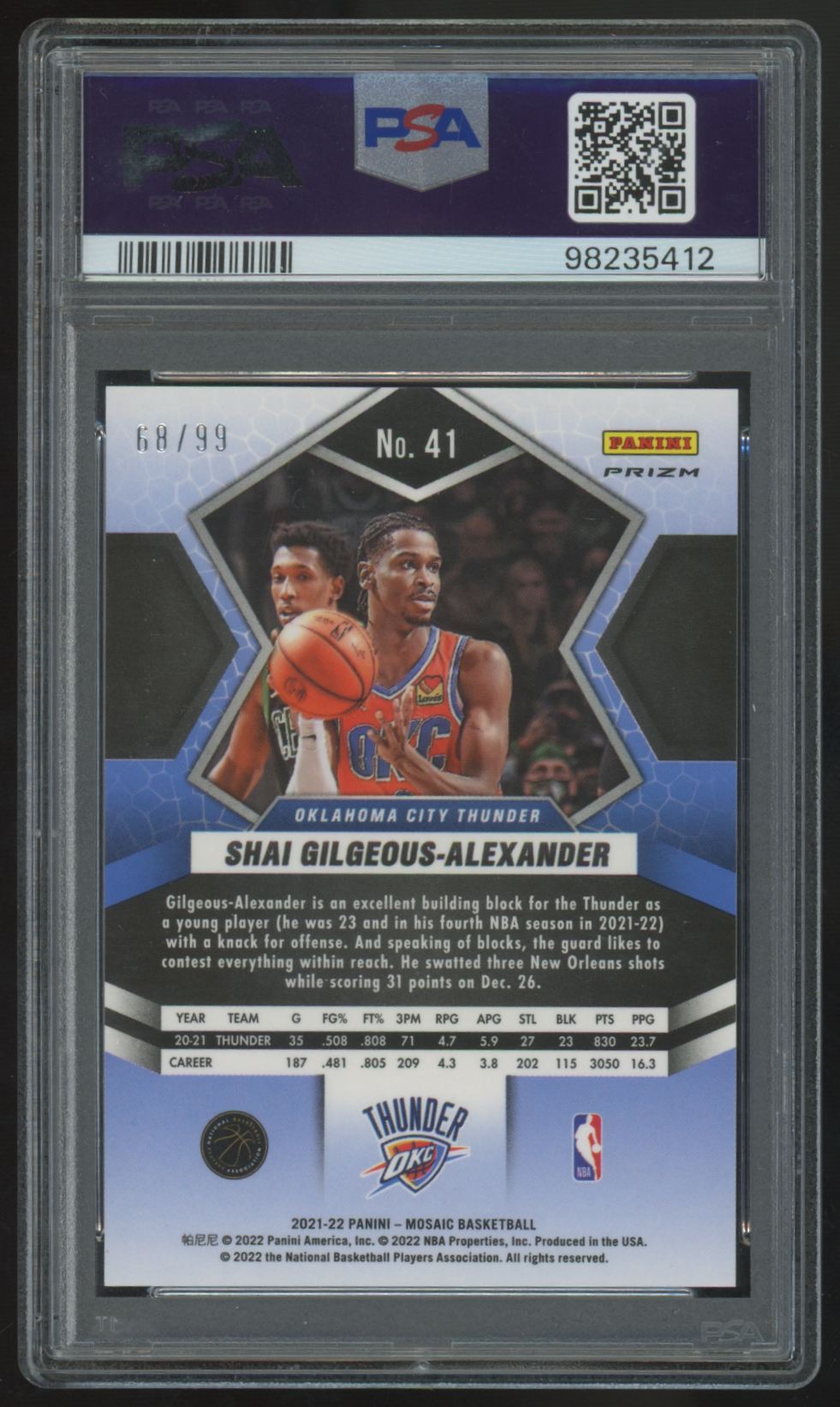 2021-22 Panini Mosaic Shai Gilgeous-Alexander Blue /99 #41 PSA 10