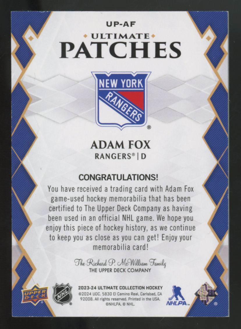 2023-24 Upper Deck Ultimate Adam Fox Patch /10 #UP-AF