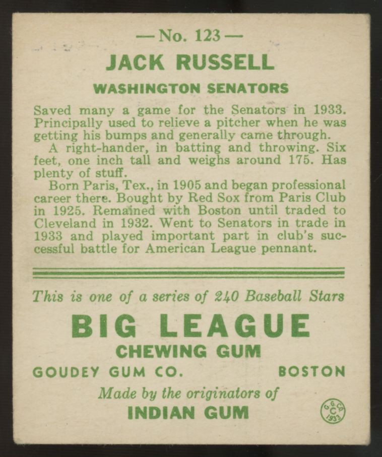 1933 Goudey Jack Russell #123 VG