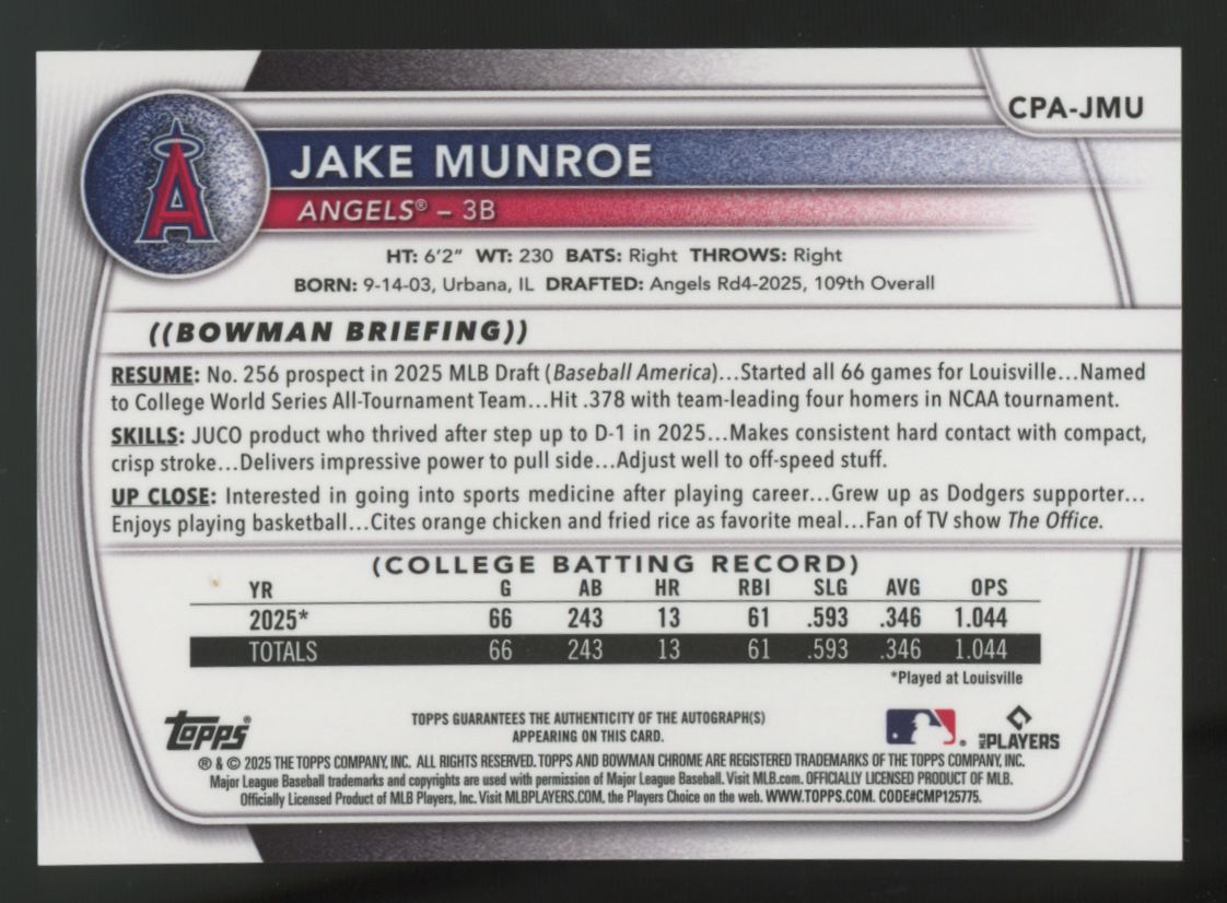 2025 Bowman Draft Jake Munroe 1st Chrome Prospect Auto #CPA-JMU