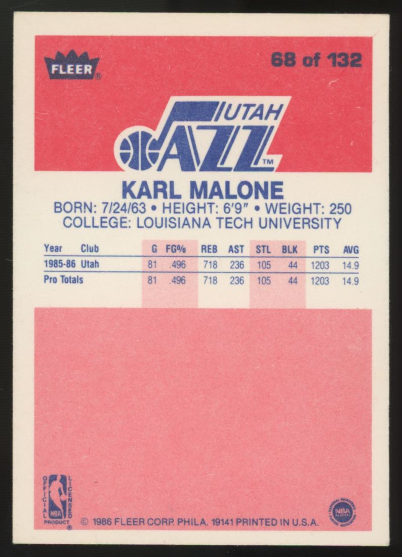 1986-87 Fleer Premier Karl Malone RC #68 VG-EX