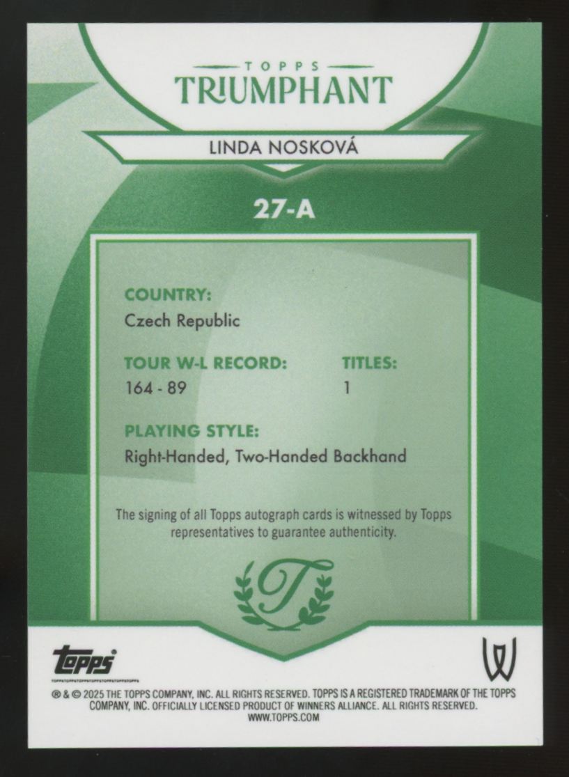 2025 Topps Triumphant Linda Noskova RC Auto /99 #27-A