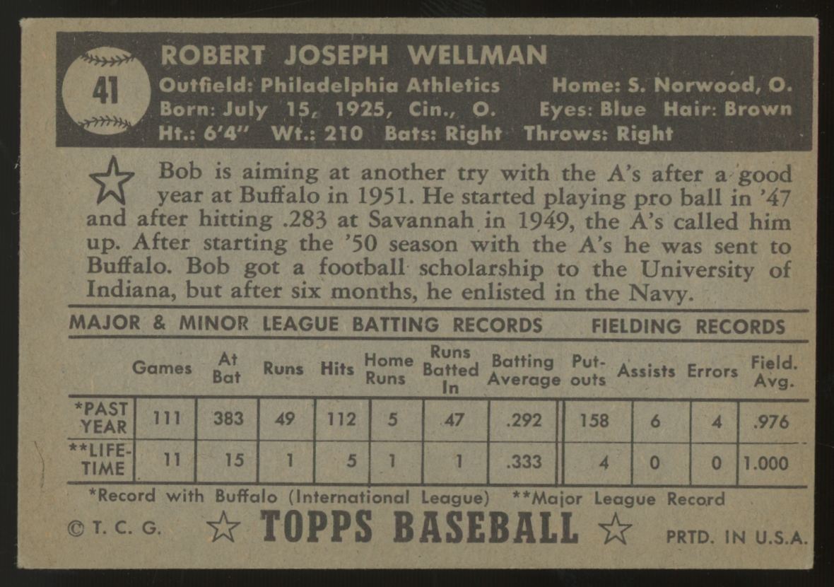 1952 Topps Bob Wellman #41 VG/EX