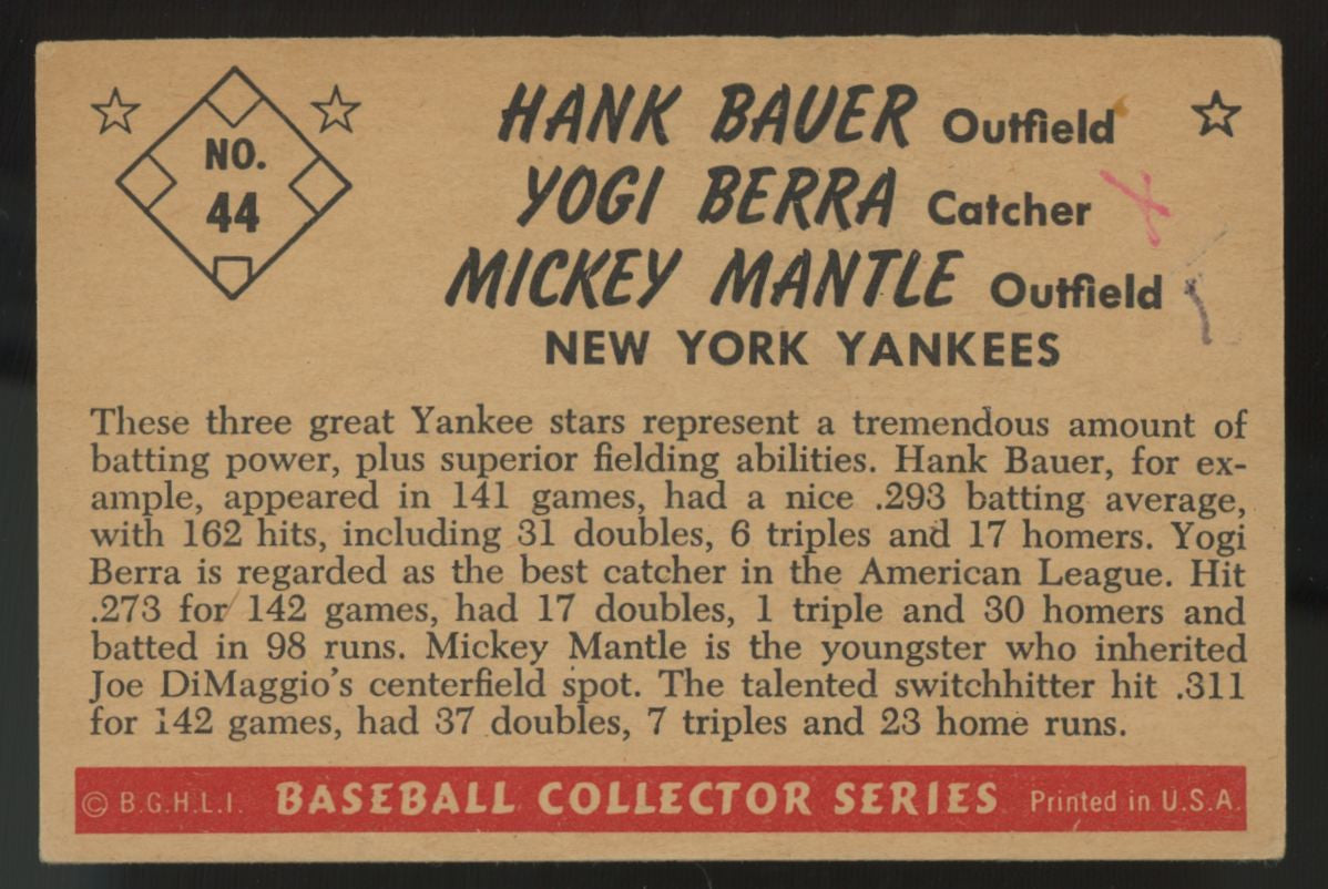 1953 Bowman Color Bauer/Berra/Mantle #44 VG+ MK