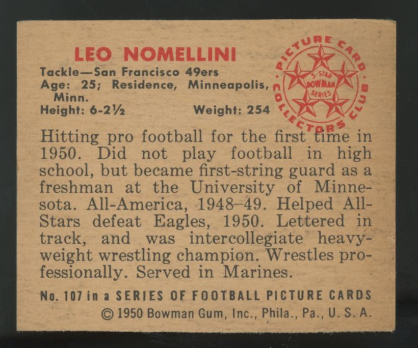1950 Bowman Leo Nomellini RC Picture Card #107 EX