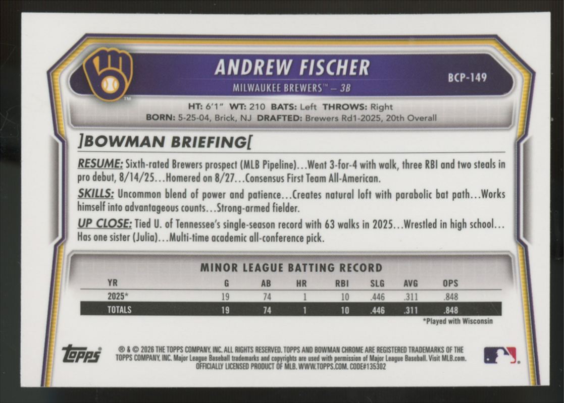 2026 Bowman Chrome Andrew Fischer 1st Prospect Yellow Refractor /75 #BCP-149
