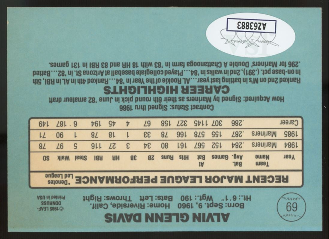 1986 Donruss Alvin Davis #69 Signed Auto JSA