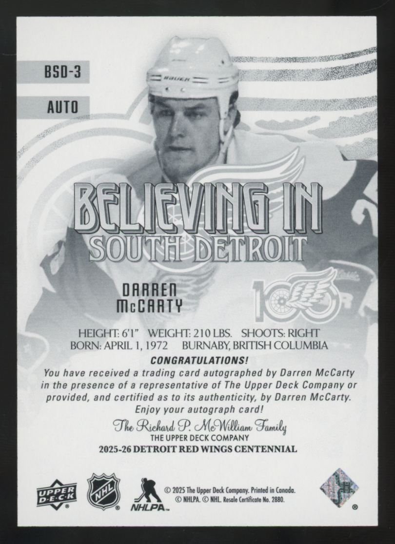 2025-26 UD Red Wings Centennial Darren McCarty Believing In South Detroit Auto