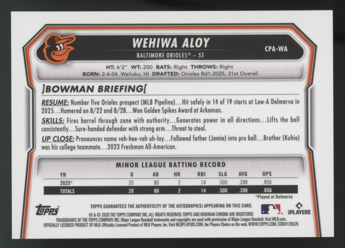 2026 Bowman Wehiwa Aloy 1st Chrome Prospect Speckle Auto /299 #CPA-WA