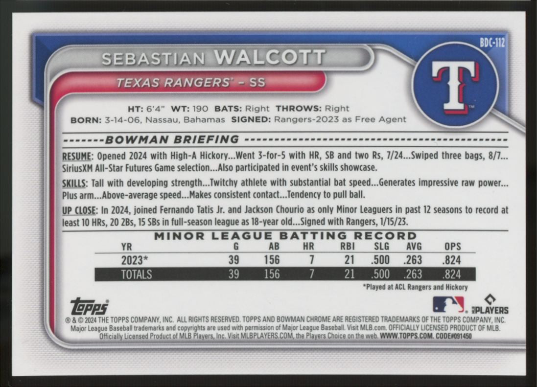2024 Bowman Chrome Sebastian Walcott Orange Refractor /25 #BDC-112