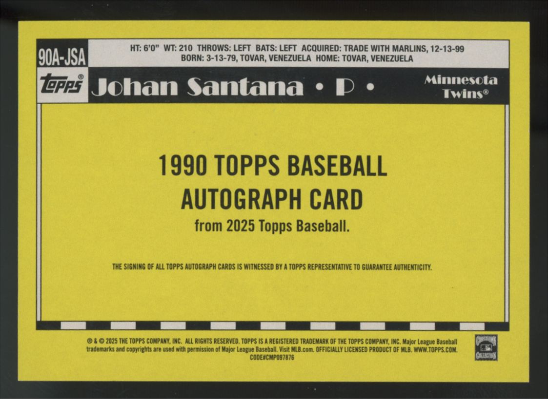 2025 Topps Series One Johan Santana 1990 Auto #90A-JSA