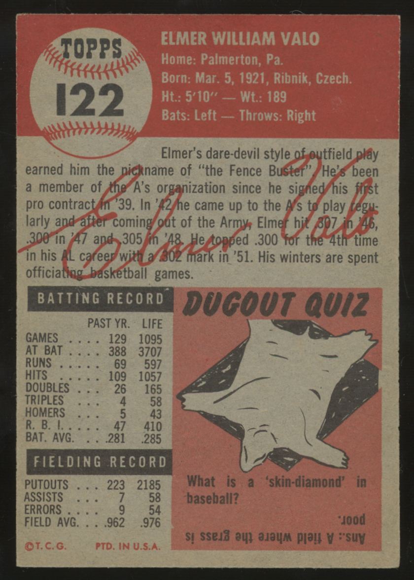 1953 Topps Elmer Valo #122 EX/MT
