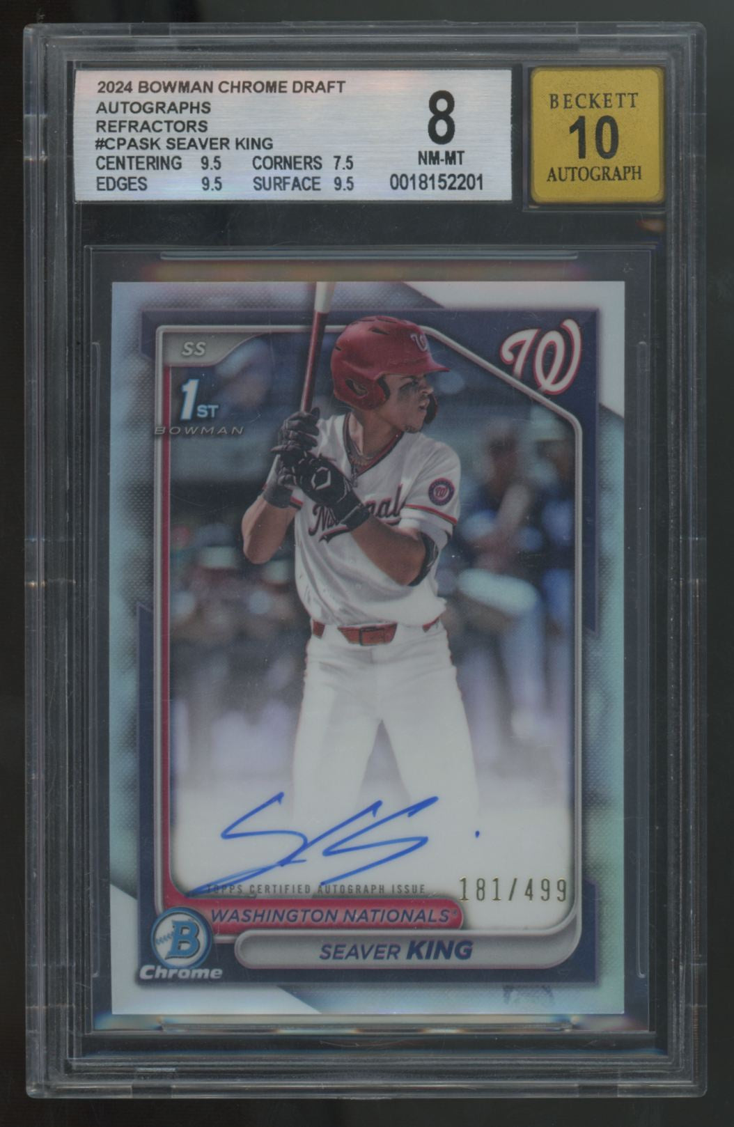 2024 Bowman Chrome Draft Seaver King 1st Prospect Auto Refractor /499 BGS 8 10