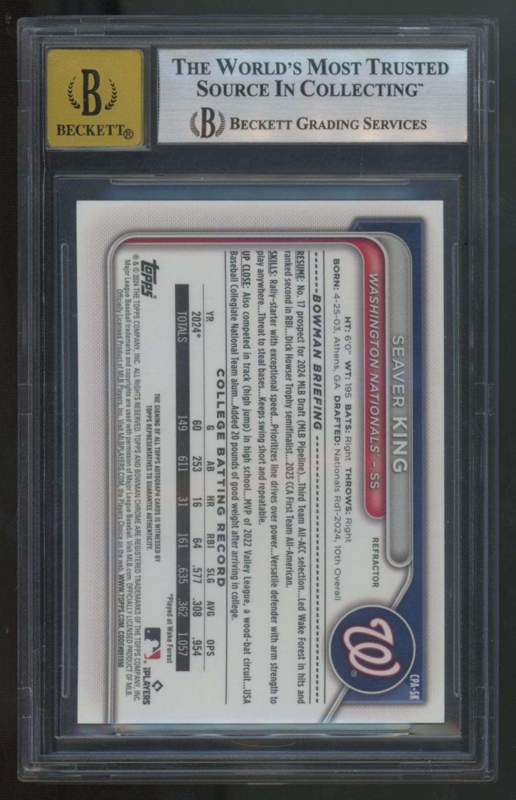 2024 Bowman Chrome Draft Seaver King 1st Prospect Auto Refractor /499 BGS 8 10