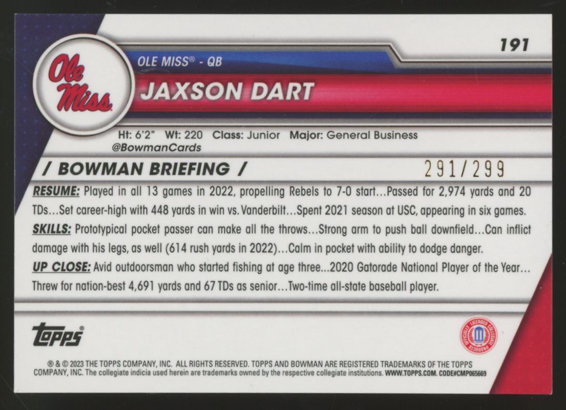 2023 Bowman University Chrome Jaxson Dart Prospect Aqua Refractor /299 #191