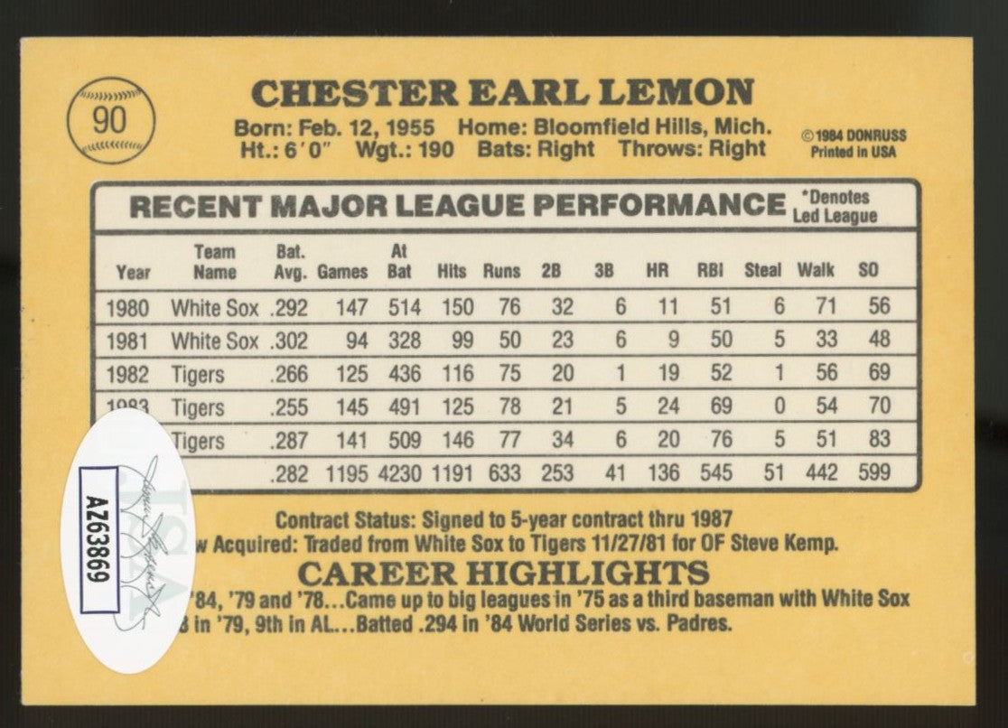 1985 Donruss Chet Lemon #90 Signed Auto JSA