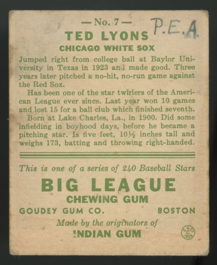 1933 Goudey Ted Lyons #7 VG-EX (MK)
