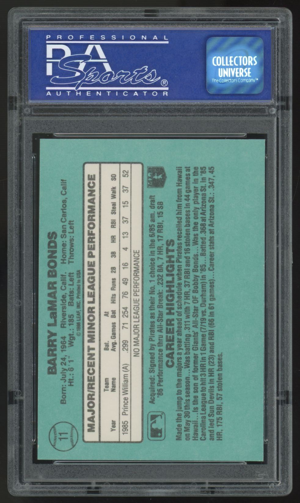 1986 Donruss Rookies Barry Bonds RC #11 PSA 8 *069