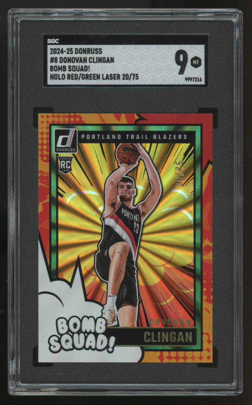 2024-25 Donruss Donovan Clingan RC Bomb Squad Holo Red Green Laser /75 #8 SGC 9
