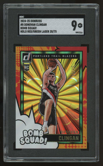 2024-25 Donruss Donovan Clingan RC Bomb Squad Holo Red Green Laser /75 #8 SGC 9