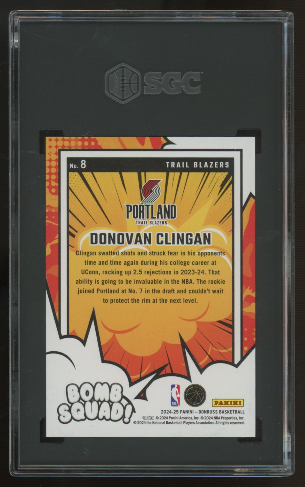 2024-25 Donruss Donovan Clingan RC Bomb Squad Holo Red Green Laser /75 #8 SGC 9