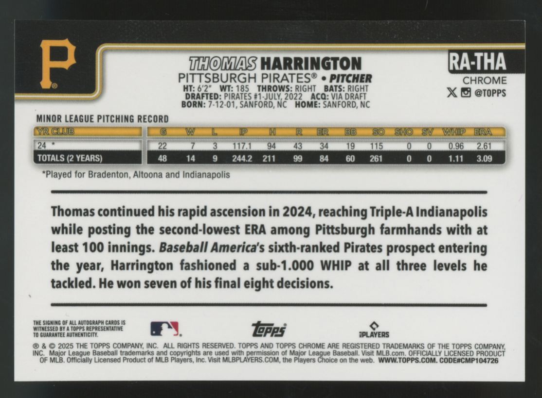 2025 Topps Chrome Thomas Harrington RC Blue Refractor Auto /150 #RA-THA