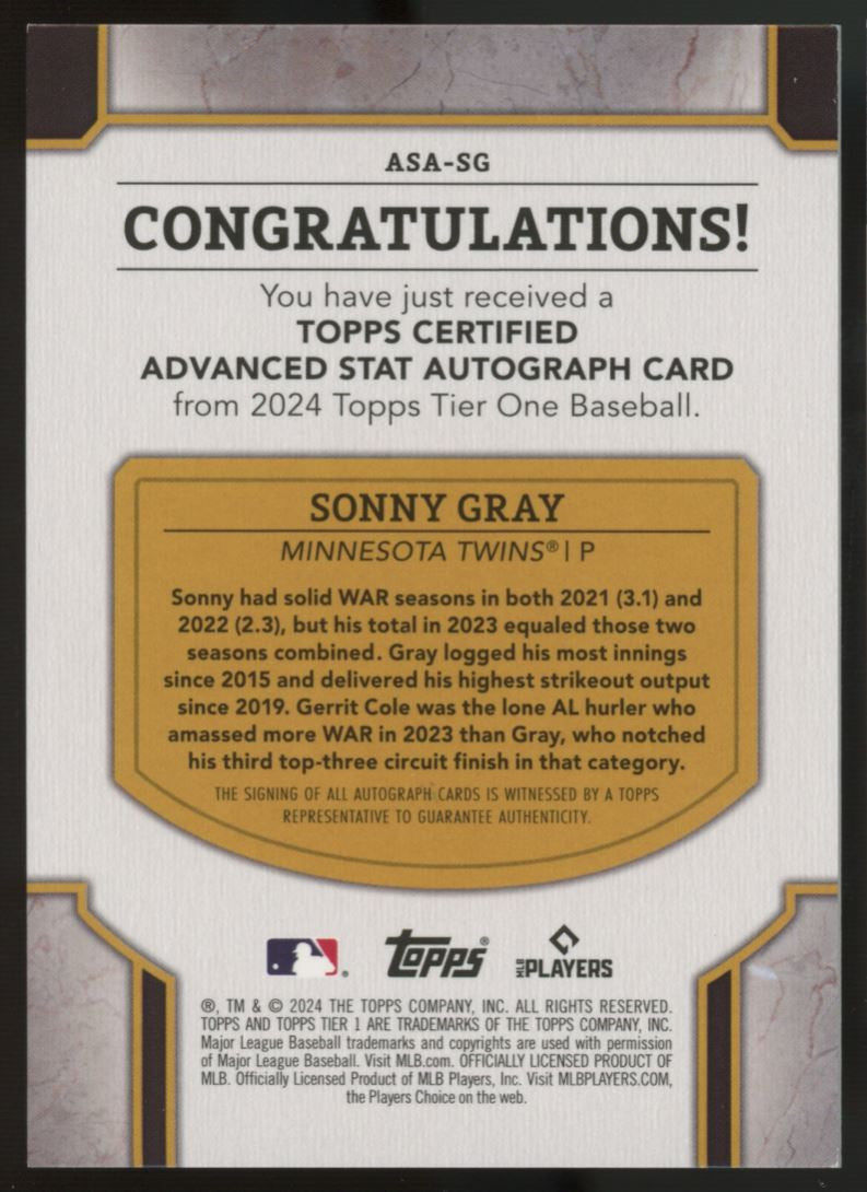 2024 Tier One Sonny Gray Advanced Stat Auto Blue /99 #ASA-SG