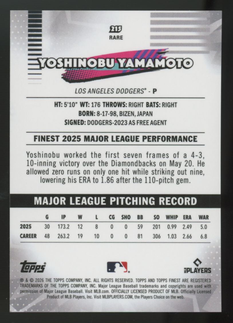2026 Topps Finest Yoshinobu Yamamoto Rare Gold Mini-Diamond /50 #215