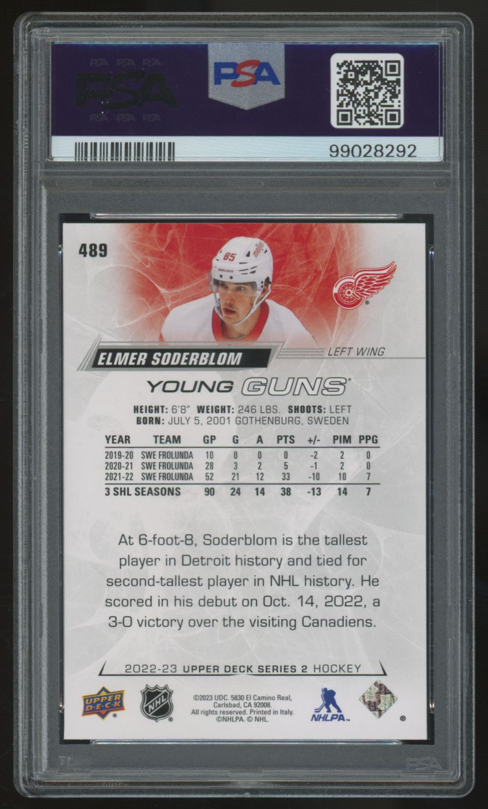 2022-23 Upper Deck Series Two Elmer Soderblom RC Young Guns #489 PSA 10 *292