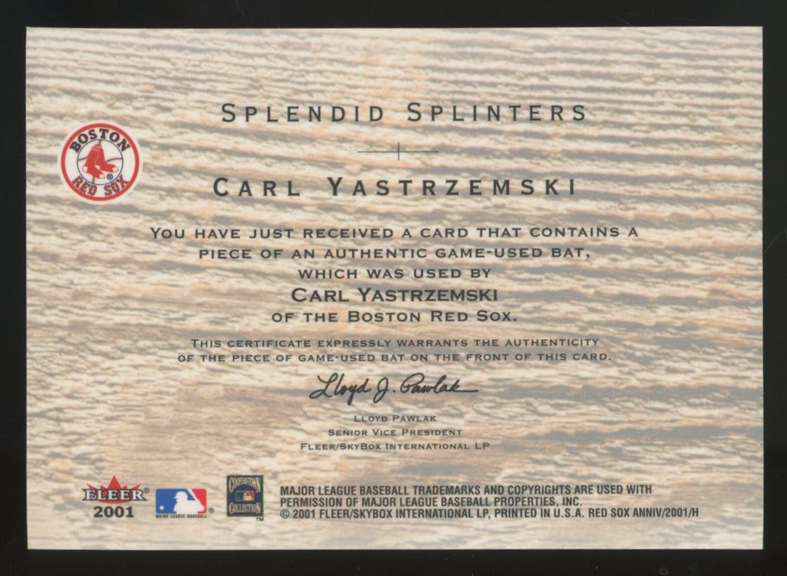 2001 Fleer Red Sox 100th Carl Yastrzemski Splendid Splinters Bat Relic