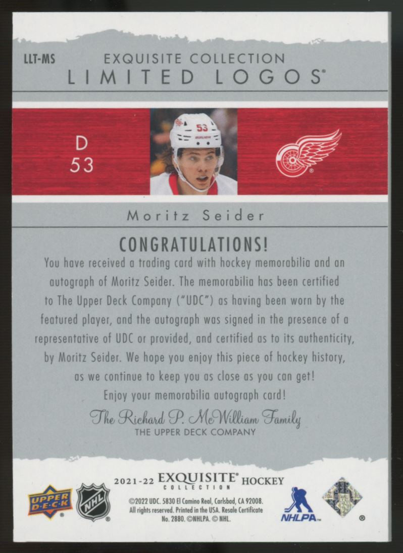 2021-22 Exquisite Moritz Seider Limited Logos RC Patch Auto RPA /50 #LLT-MS