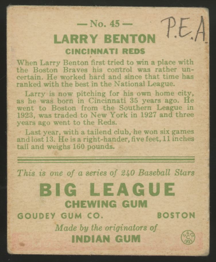 1933 Goudey Larry Benton #45 VG (MK)